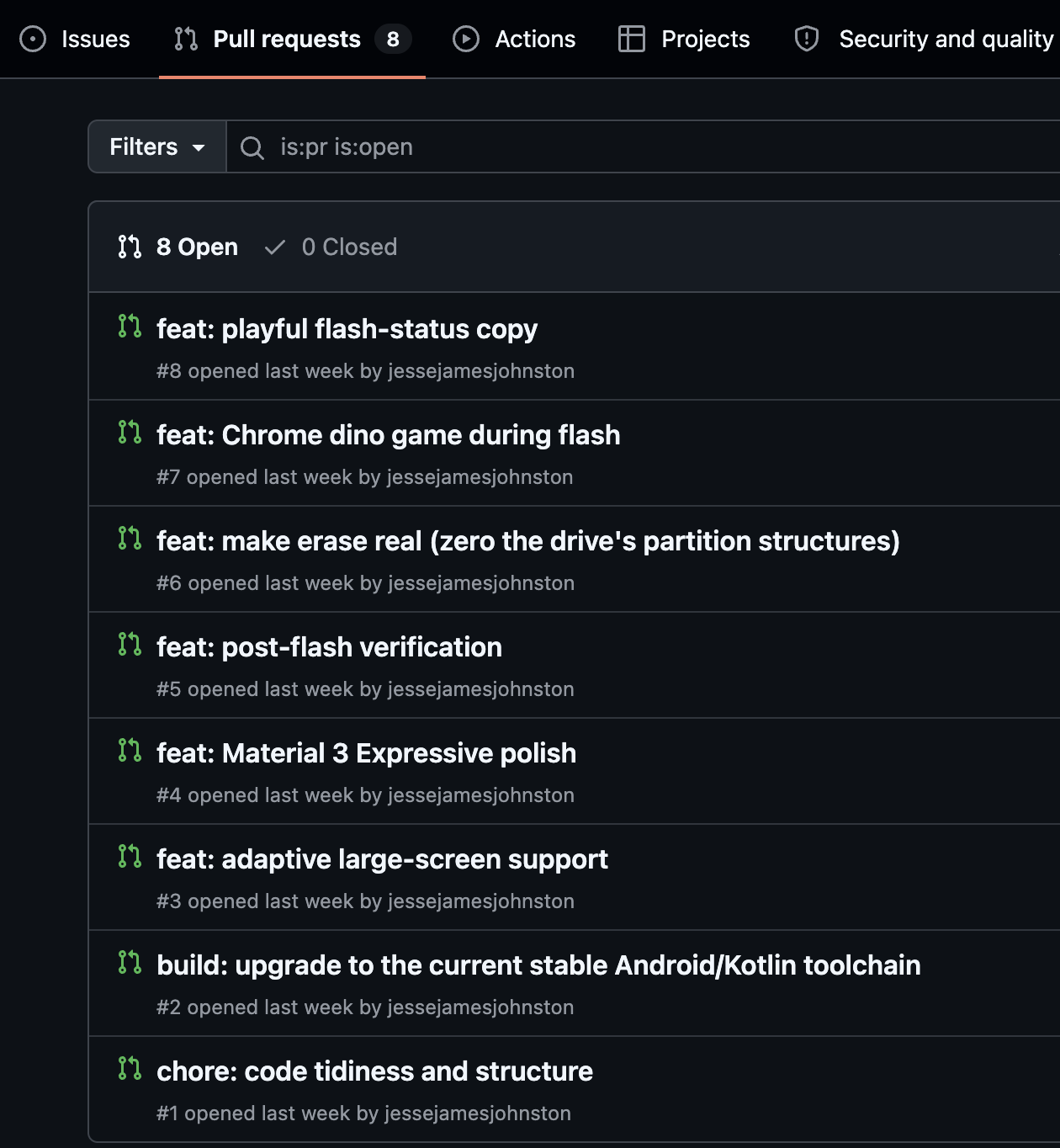 All eight pull requests open on the upstream repository, stacked in review order: code tidiness at the bottom, the toolchain upgrade above it, then the feature work, with the dinosaur game near the top.