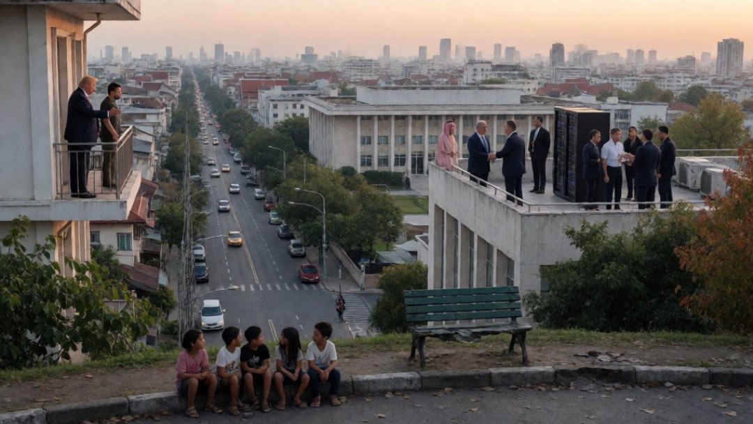 A generated morning header in the panorama style: a city at dusk seen from a hillside, with small scenes from the day's brief placed across it, from a rooftop handshake to a group of kids waiting on a curb.