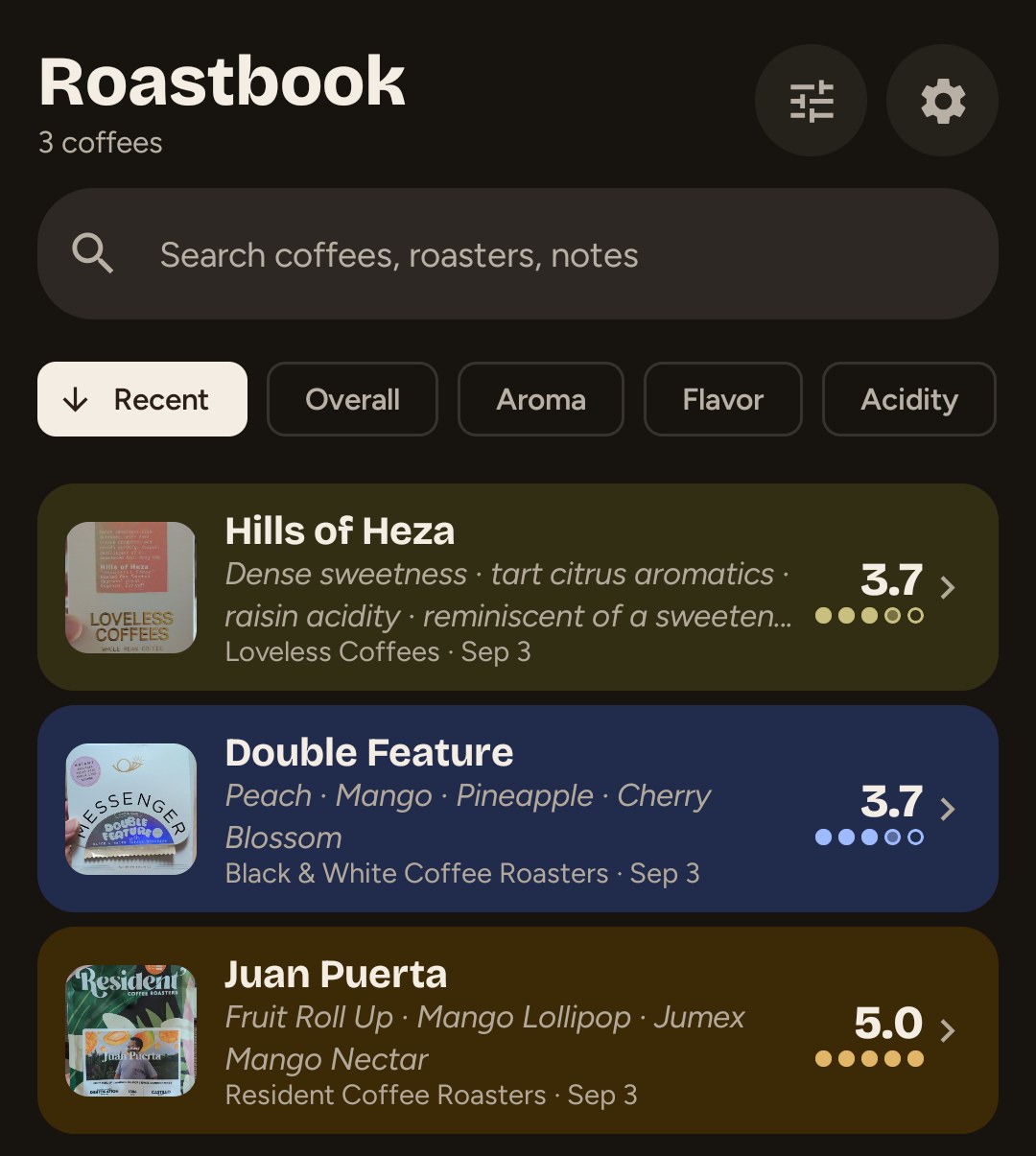 Roastbook’s History screen: tinted rows, each with a square photo of a coffee bag, its name, and a one-decimal score